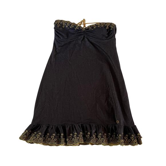 Vtg Y2K 2000s Denim Strapless Gold Embroidered Mini Dress Sz M - Picture 1 of 8